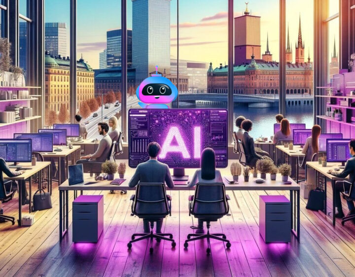 Bild på arbetsplats, AI, med datorer och Zimply.