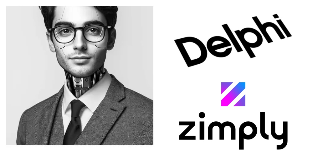 Bild på AI-assistenten Dolph Lawson samt Delphis och Zimplys logotyper.